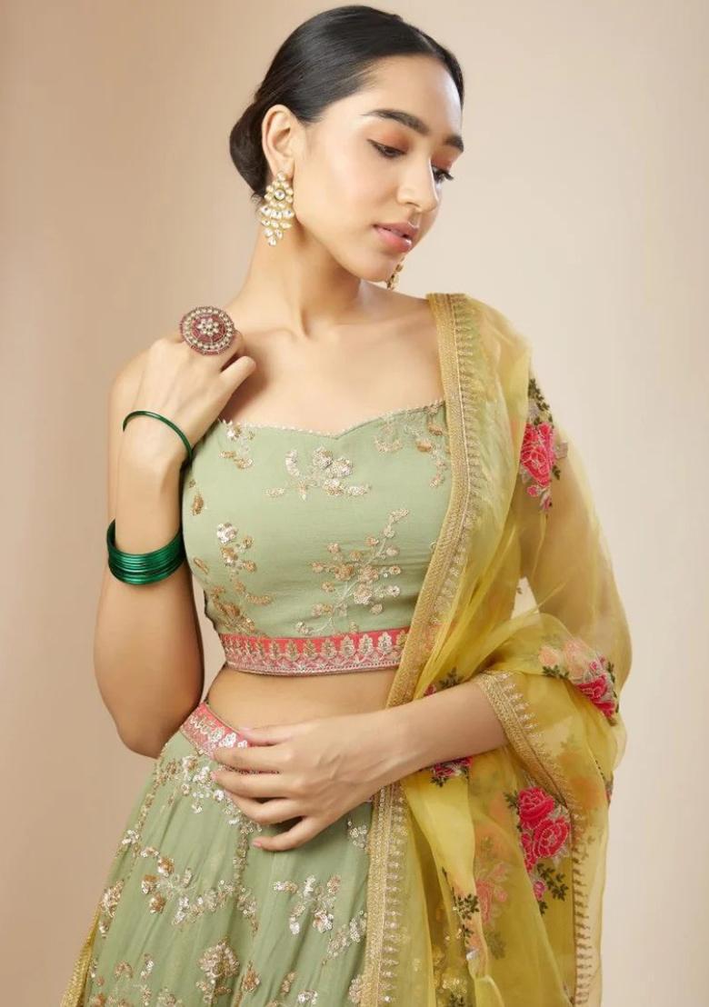 Pista Green Embroidered Georgette Lehenga Set With Dupatta