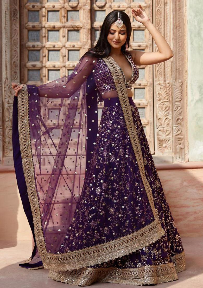 Wine Embroidered Georgette Lehenga Set With Dupatta