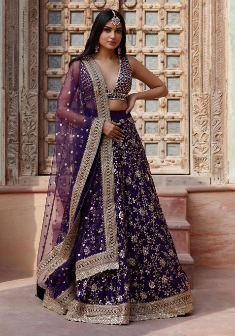 Wine Embroidered Georgette Lehenga Set With Dupatta