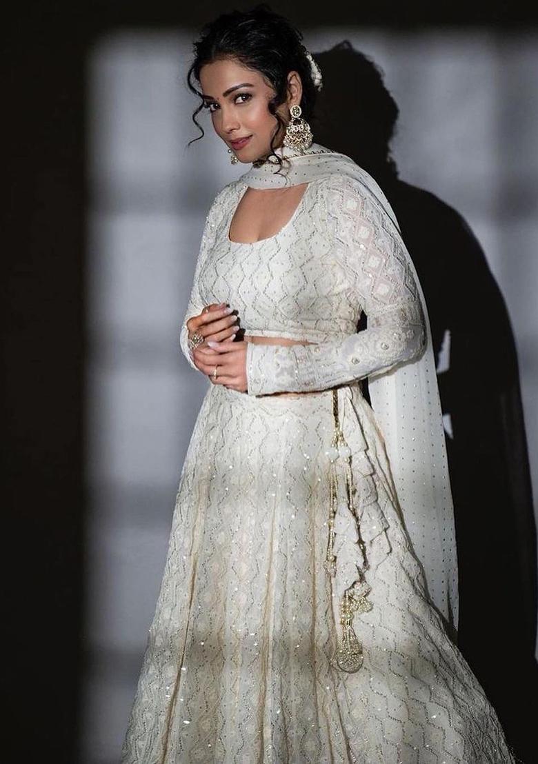 Wine Embroidered Georgette Lehenga Set With Dupatta