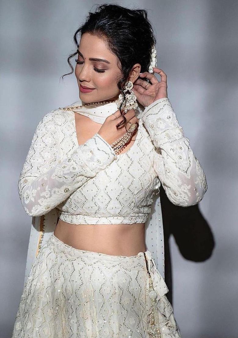 Wine Embroidered Georgette Lehenga Set With Dupatta