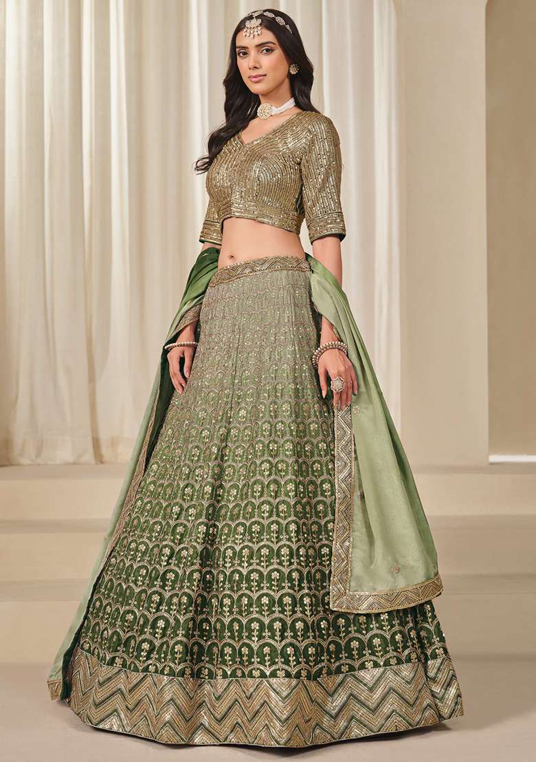 Mehendi Embroidered Silk Lehenga Set With Dupatta - Indya