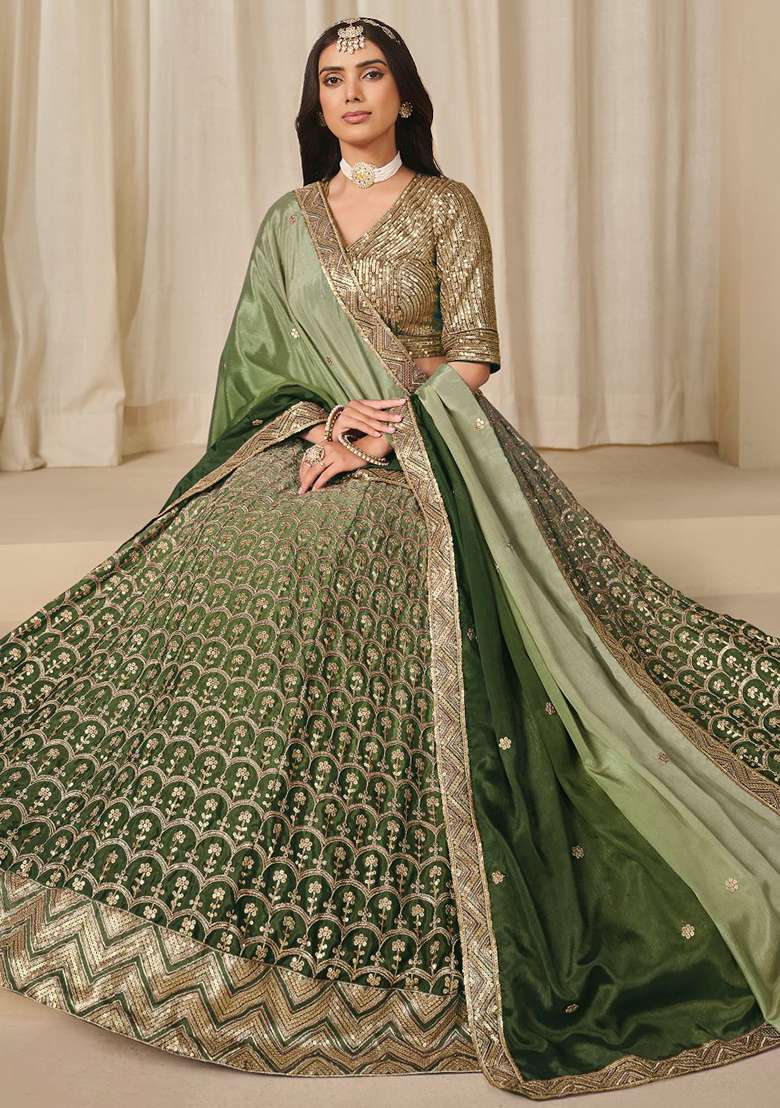 Mehendi Embroidered Silk Lehenga Set With Dupatta - Indya