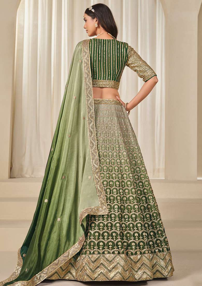 Mehendi Embroidered Silk Lehenga Set With Dupatta - Indya