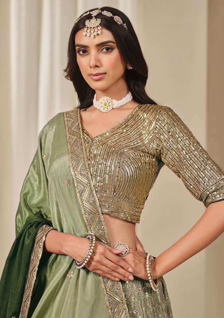 Mehendi Embroidered Silk Lehenga Set With Dupatta - Indya