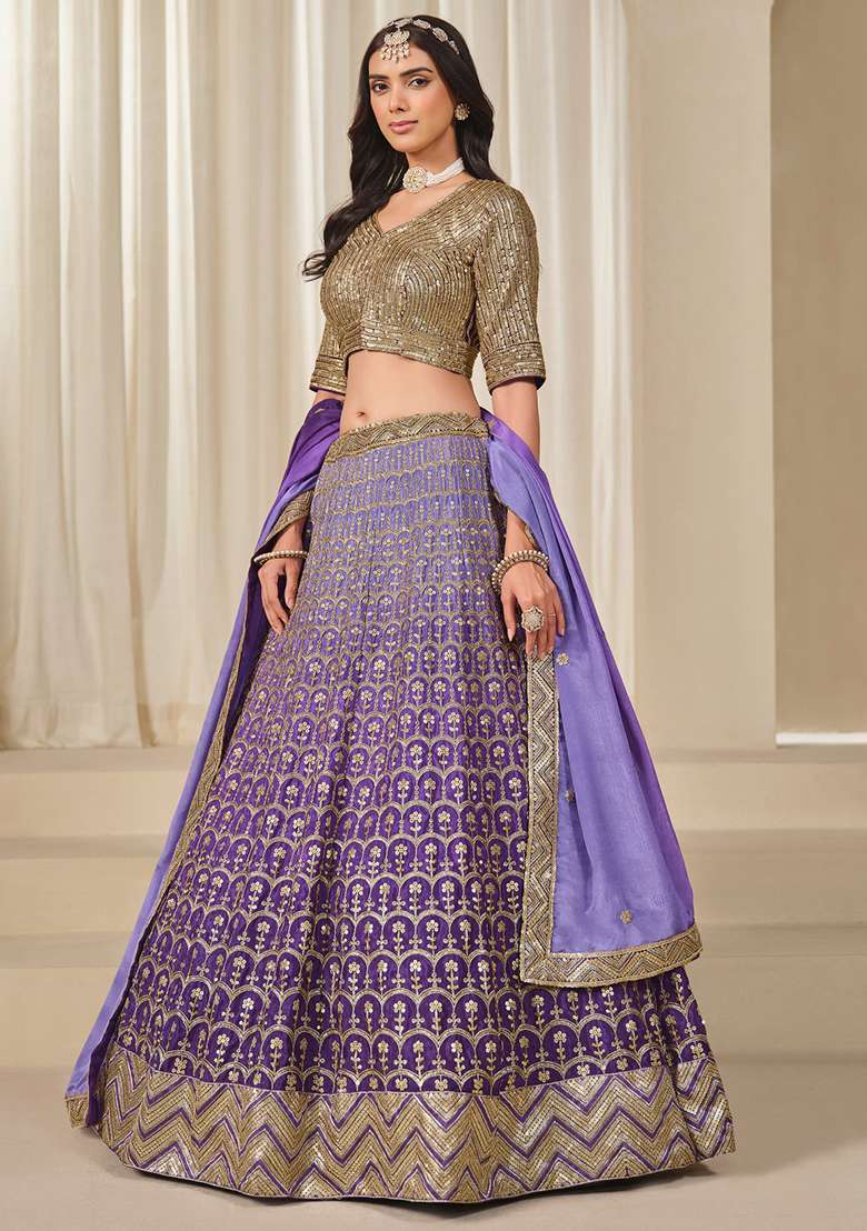Purple With Dupatta Silk Blend Lehenga Set with Embroidered for Diwali | Wedding & Festive Wear - Indya