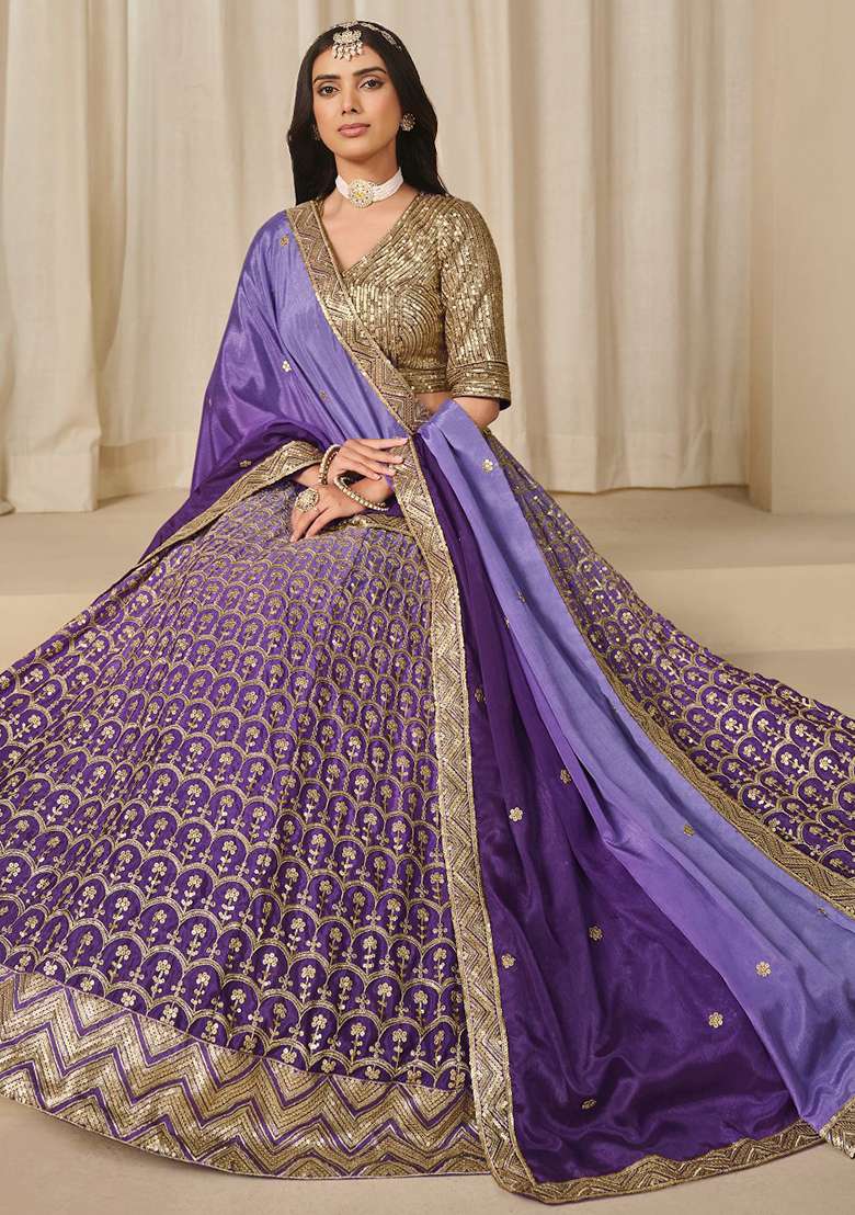 Purple With Dupatta Silk Blend Lehenga Set with Embroidered for Diwali | Wedding & Festive Wear - Indya