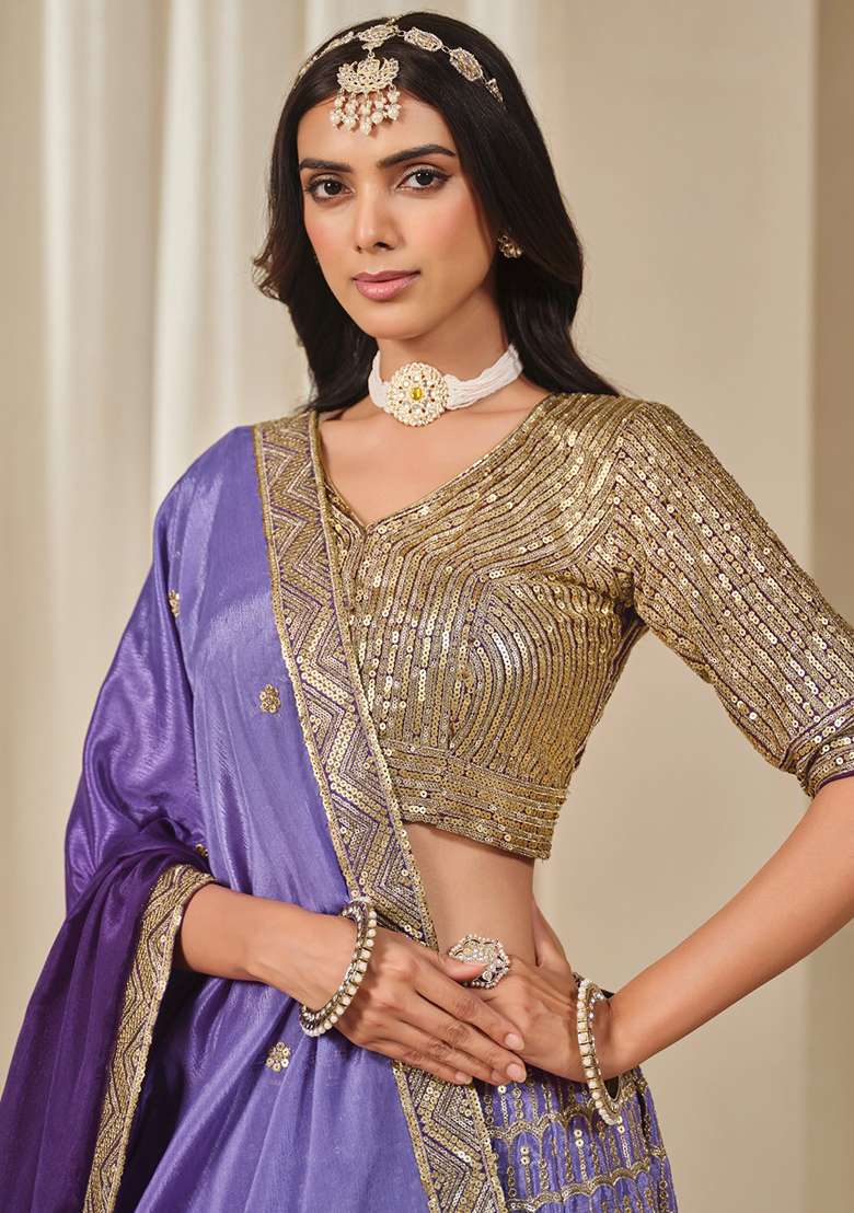 Purple With Dupatta Silk Blend Lehenga Set with Embroidered for Diwali | Wedding & Festive Wear - Indya