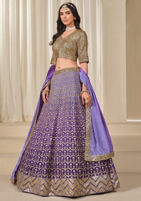 Purple Embroidered Silk Blend Lehenga Set With Dupatta