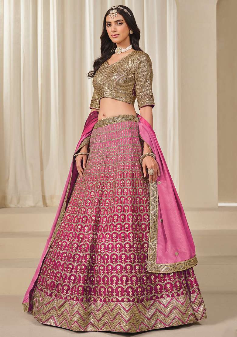 Pink Embroidered Silk Blend Lehenga Set With Dupatta for Diwali and Festive Wear - Indya