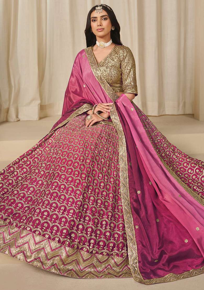 Pink Embroidered Silk Blend Lehenga Set With Dupatta for Diwali and Festive Wear - Indya