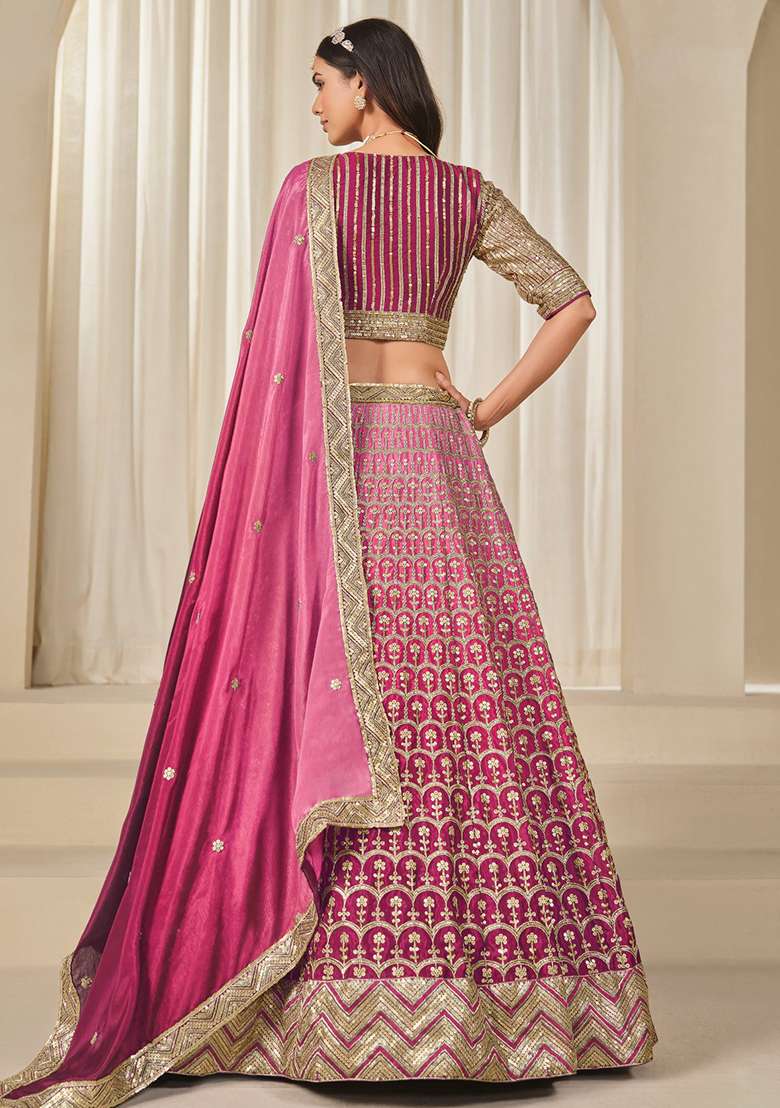 Pink Embroidered Silk Blend Lehenga Set With Dupatta for Diwali and Festive Wear - Indya