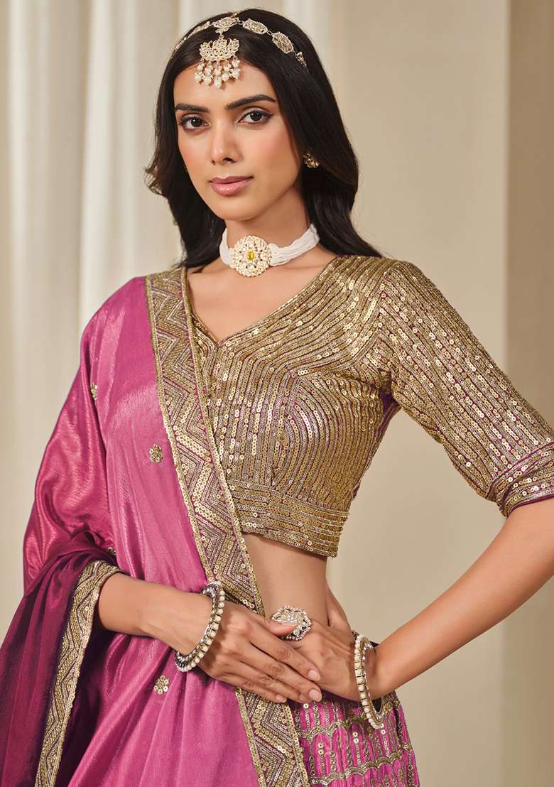 Pink Embroidered Silk Blend Lehenga Set With Dupatta for Diwali and Festive Wear - Indya