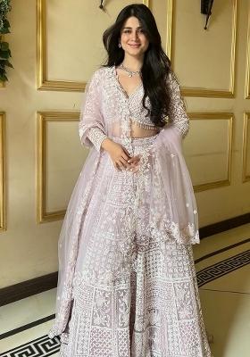 Pink Embroidered Net Lehenga Set With Dupatta