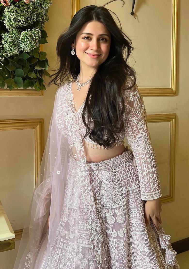 Pink Embroidered Net Lehenga Set With Dupatta