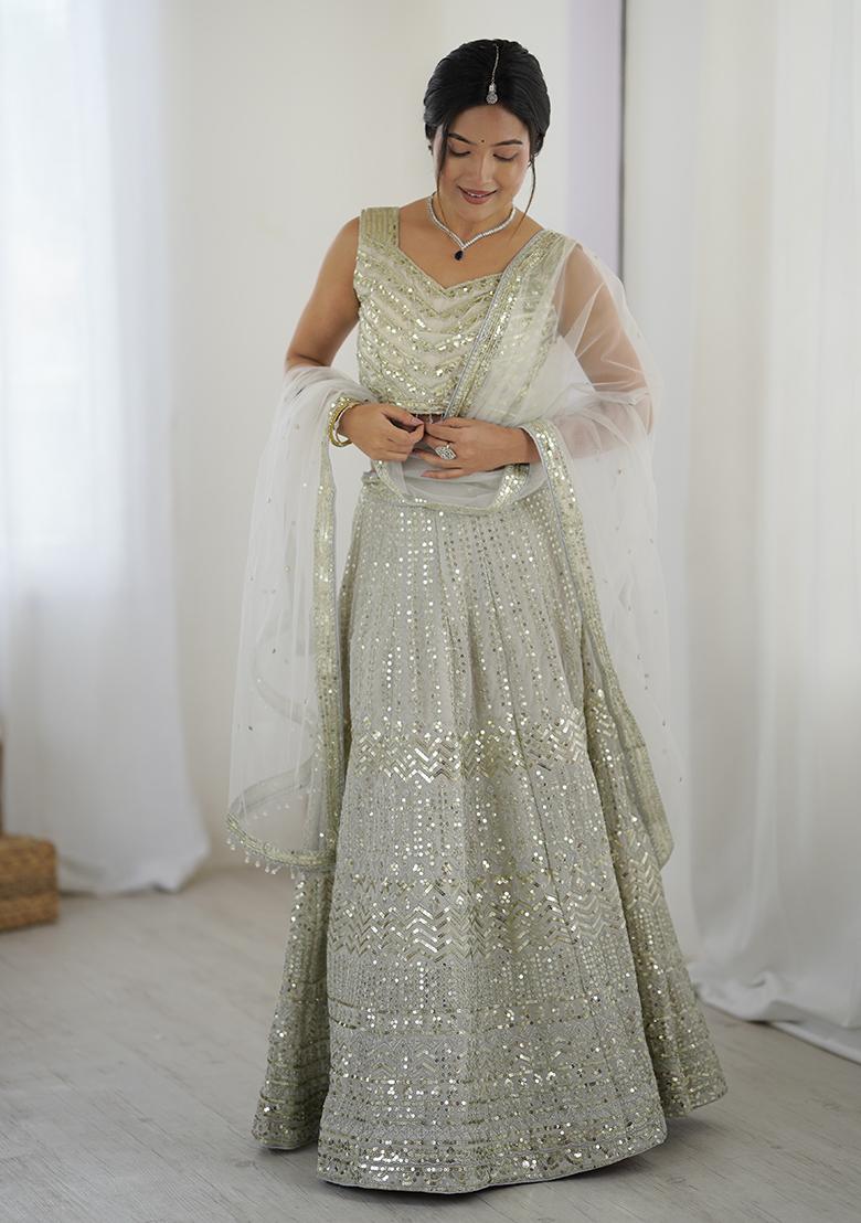 White Embroidered Georgette Lehenga Set With Dupatta