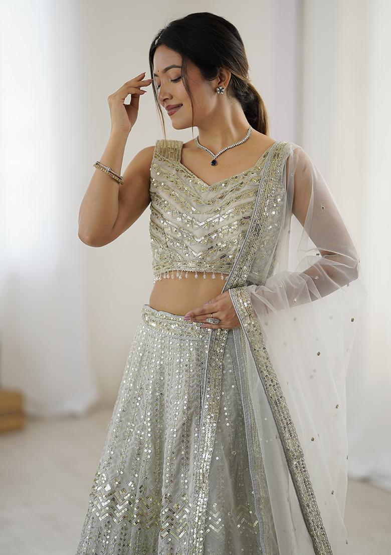 White Embroidered Georgette Lehenga Set With Dupatta