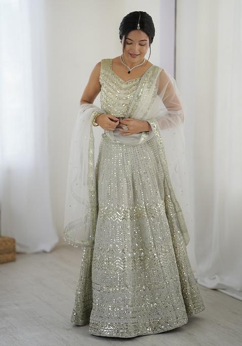 White Embroidered Georgette Lehenga Set With Dupatta