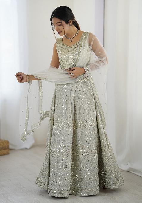 White Embroidered Georgette Lehenga Set With Dupatta