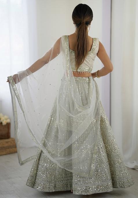 White Embroidered Georgette Lehenga Set With Dupatta