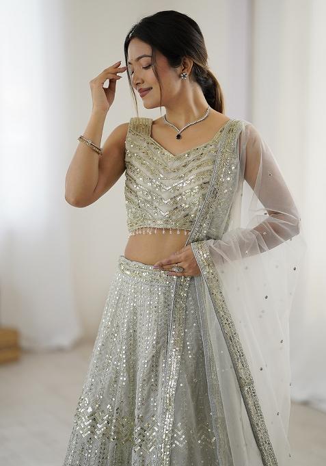 White Embroidered Georgette Lehenga Set With Dupatta