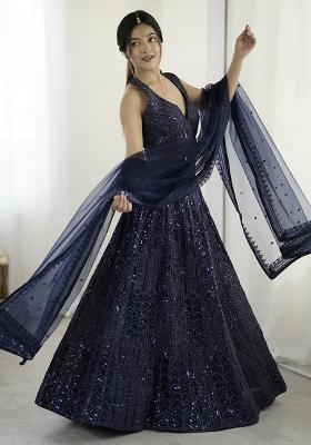 Blue Embroidered Net Lehenga Set With Dupatta