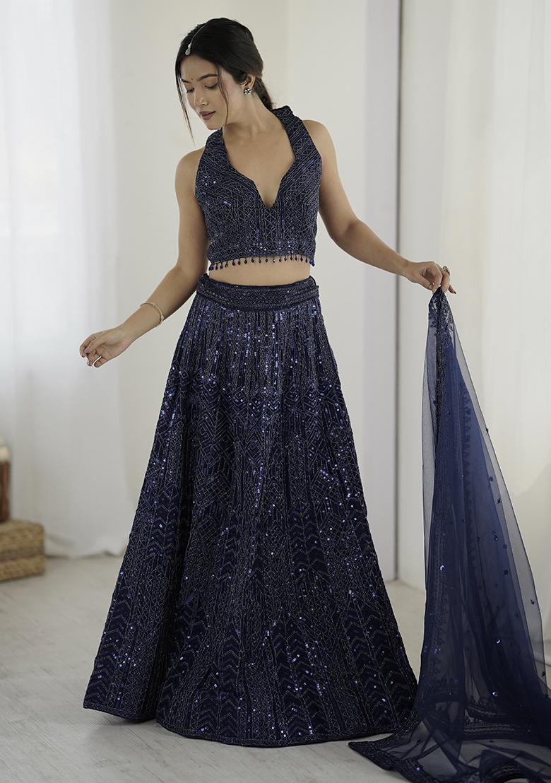 Blue Embroidered Net Lehenga Set With Dupatta
