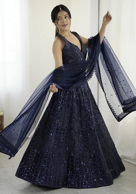 Blue Embroidered Net Lehenga Set With Dupatta