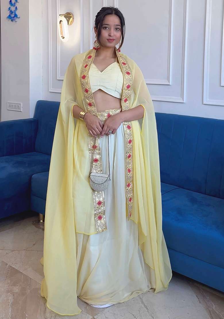 White Embroidered Georgette Lehenga Set With Dupatta for Diwali and Festive Wear - Indya