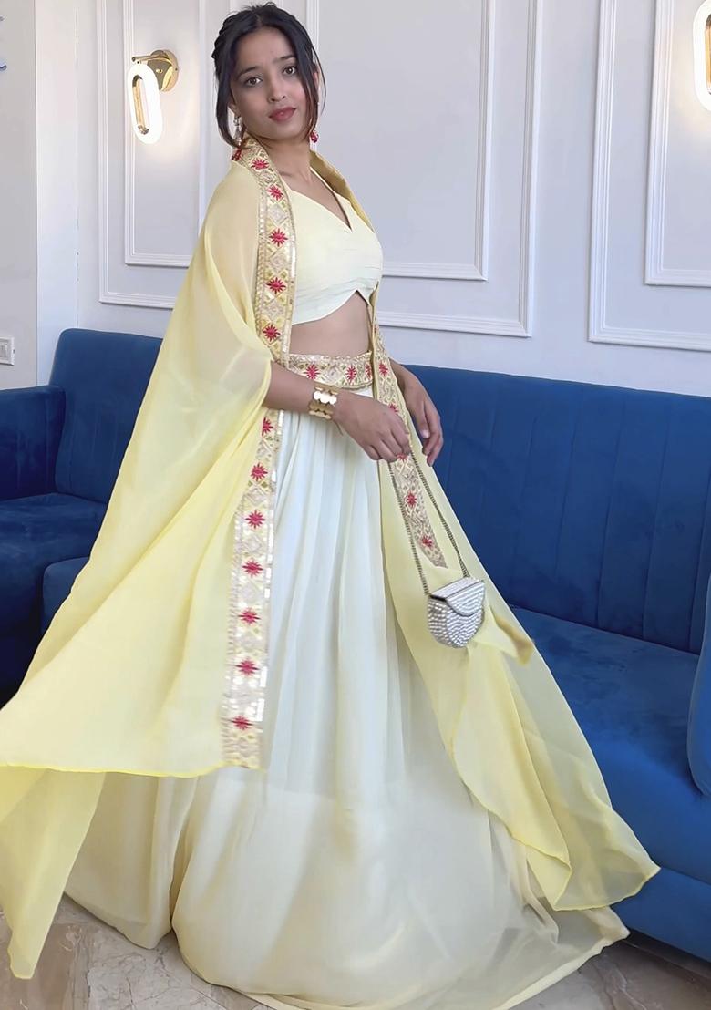 White Embroidered Georgette Lehenga Set With Dupatta