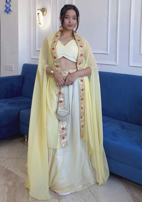 White Embroidered Georgette Lehenga Set With Dupatta