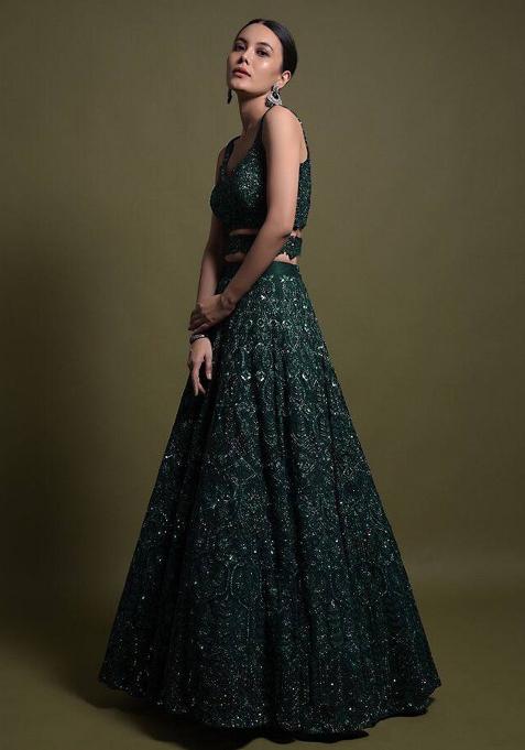 Green Embroidered Net Lehenga Set With Dupatta