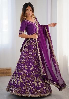 Purple Embroidered Silk Lehenga Set With Dupatta