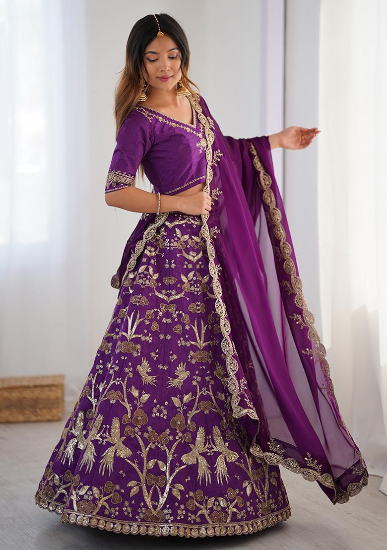 Purple Embroidered Silk Lehenga Set With Dupatta
