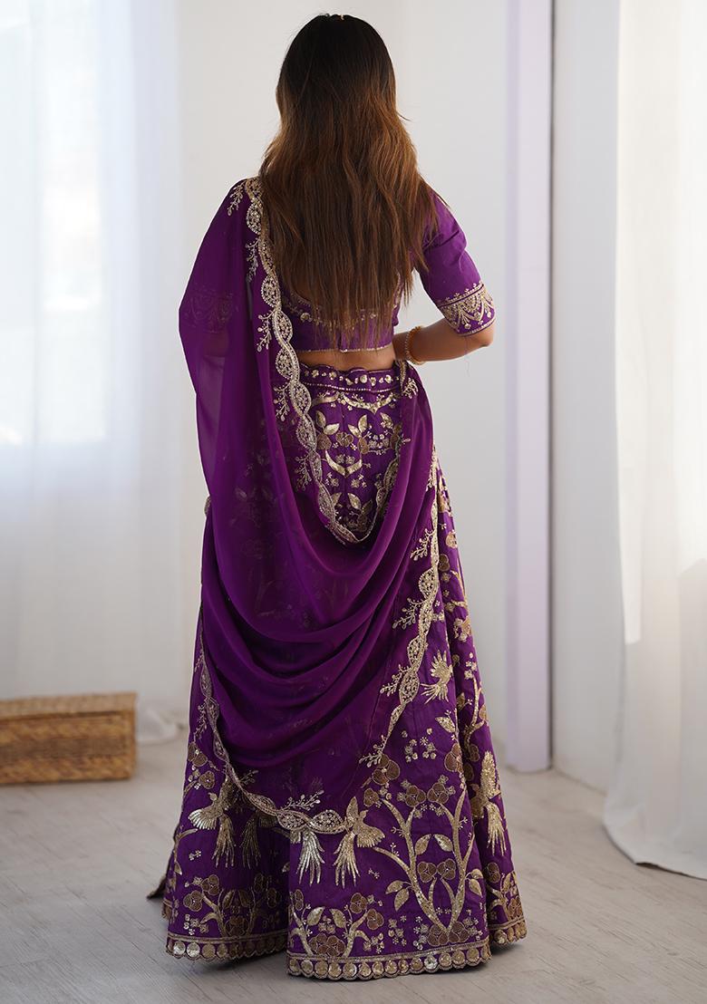 Purple Embroidered Silk Lehenga Set With Dupatta