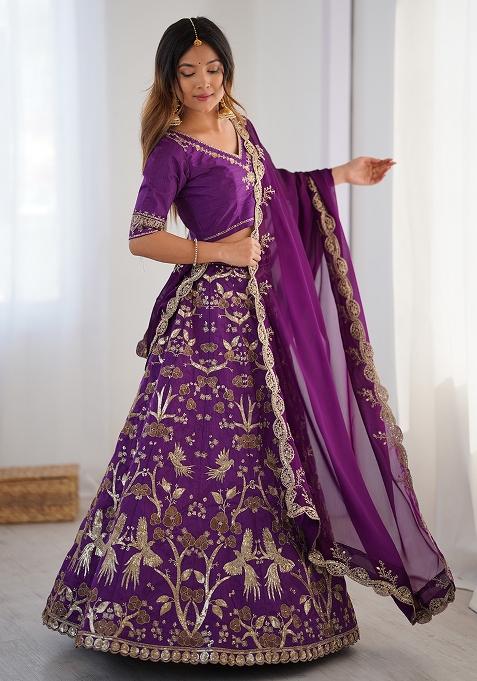 Purple Embroidered Silk Lehenga Set With Dupatta