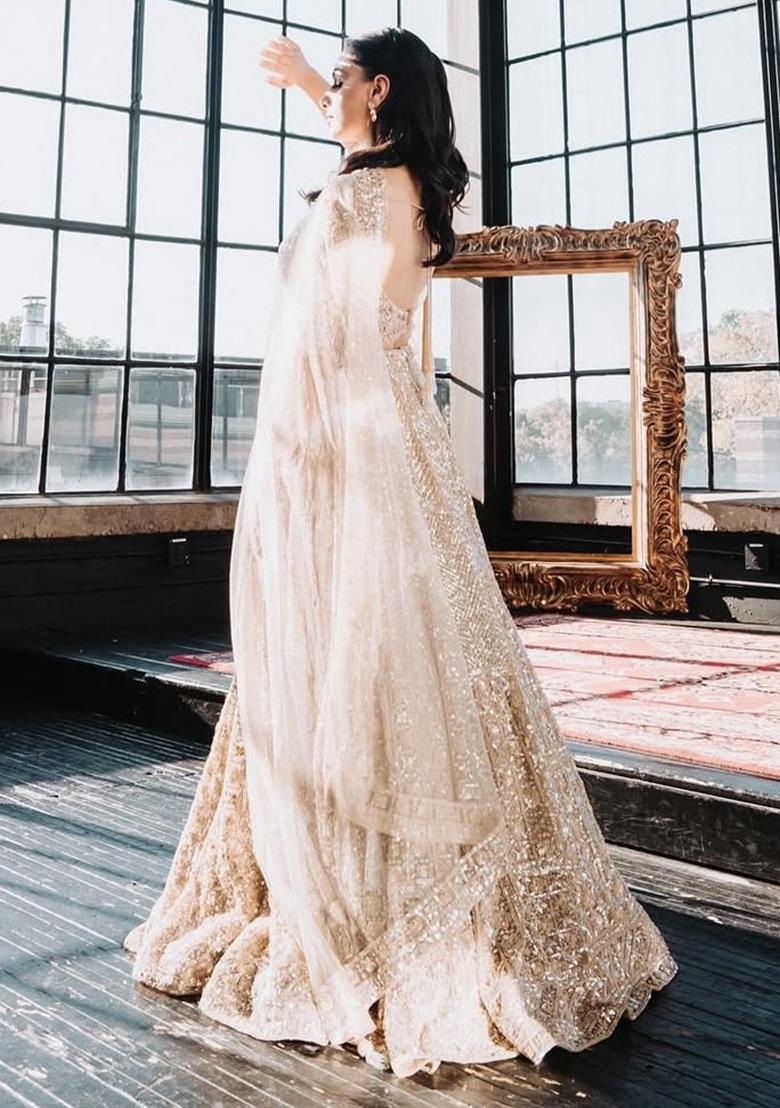 Golden Embroidered Silk Lehenga Set With Dupatta