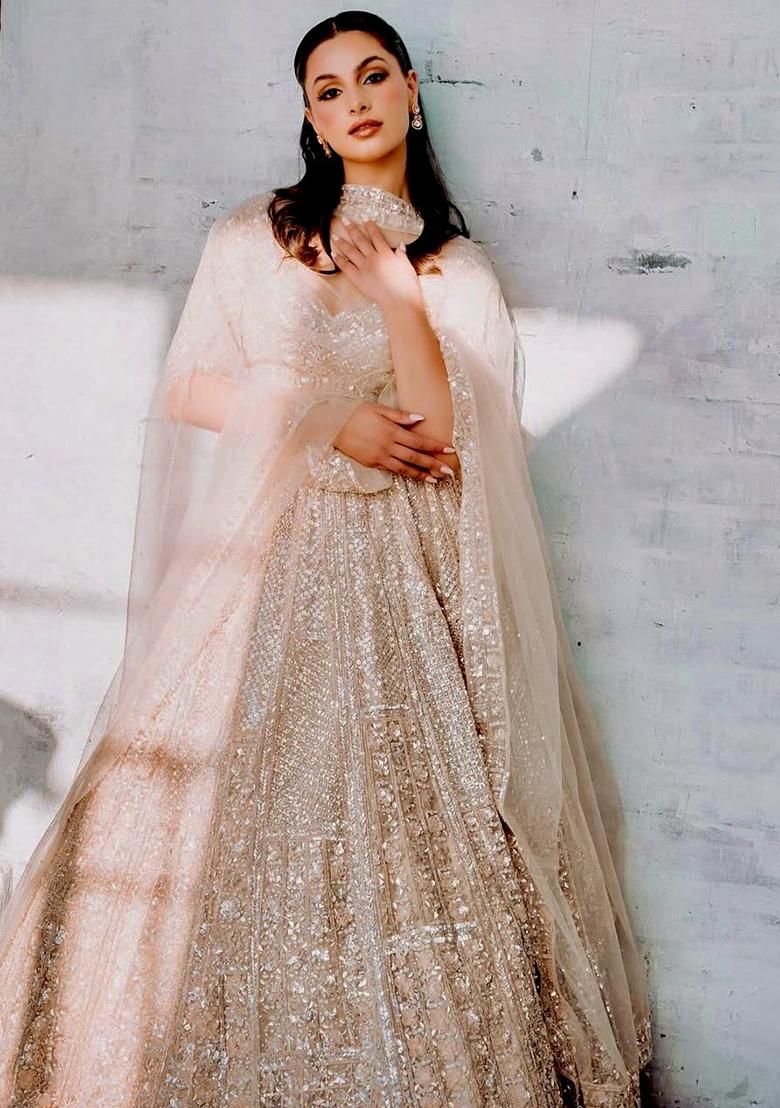 Golden Embroidered Silk Lehenga Set With Dupatta