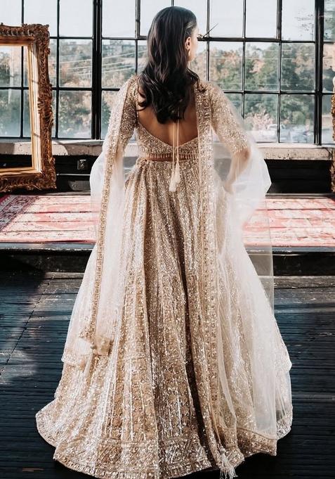 Golden Embroidered Silk Lehenga Set With Dupatta