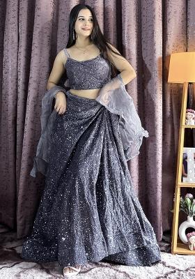 Grey Embroidered Velvet Lehenga Set With Dupatta