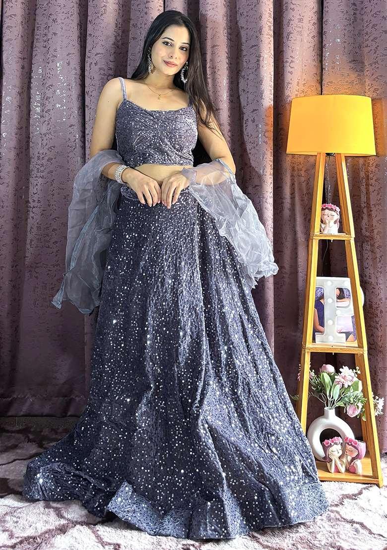 Grey Embroidered Velvet Lehenga Set With Dupatta for Diwali and Festive Wear - Indya