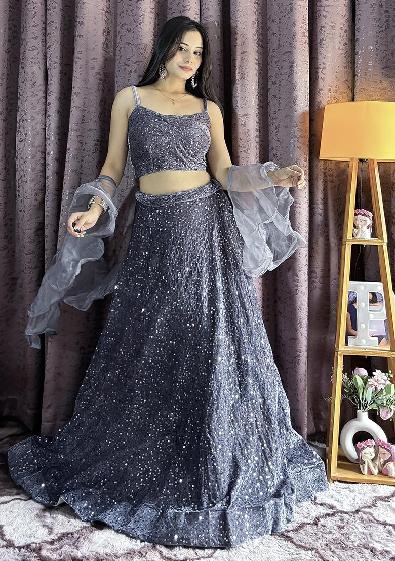 Grey Embroidered Velvet Lehenga Set With Dupatta