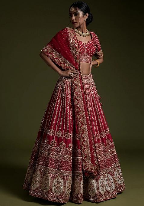 Red Embroidered Silk Lehenga Set With Dupatta