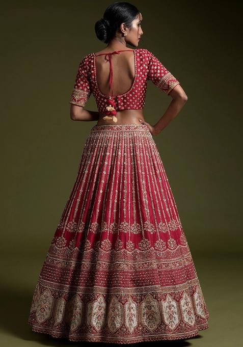 Red Embroidered Silk Lehenga Set With Dupatta