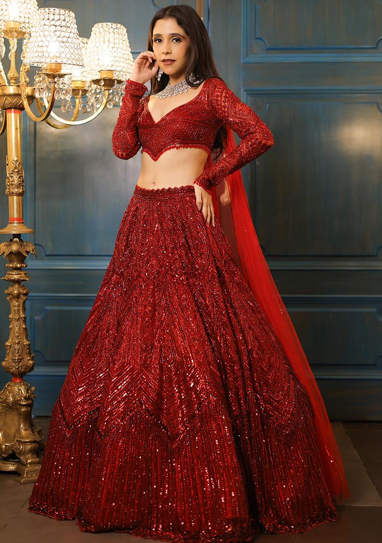 Red Embroidered Georgette Lehenga Set With Dupatta