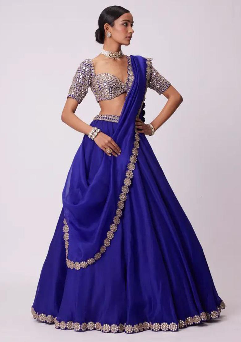 Blue Embroidered Georgette Lehenga Set With Dupatta