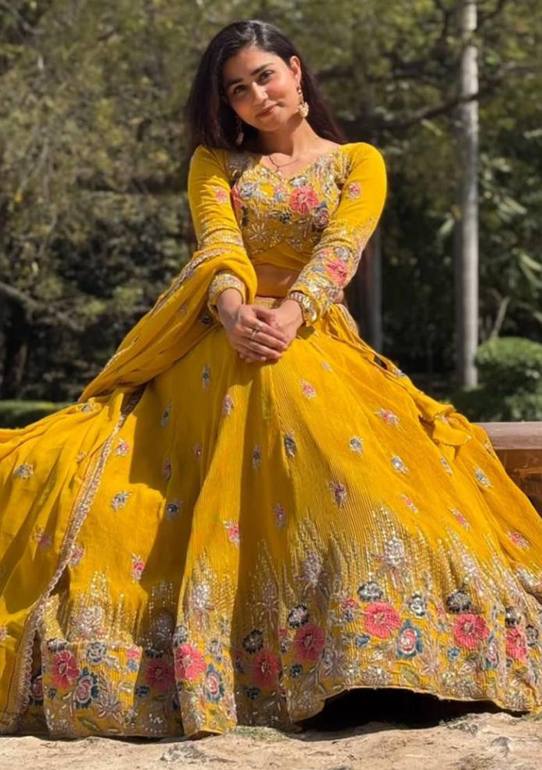 Yellow Embroidered Organza Lehenga Set With Dupatta