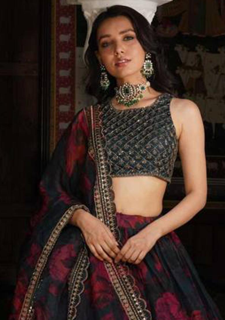 Black Embroidered Organza Lehenga Set With Dupatta