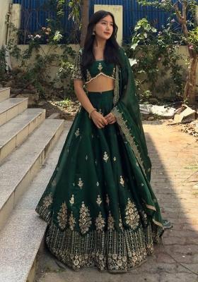 Green Embroidered Silk Lehenga Set With Dupatta