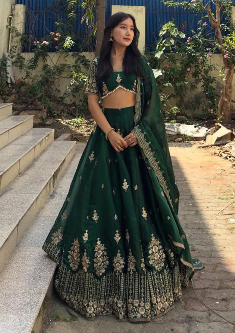 Green Embroidered Silk Lehenga Set With Dupatta